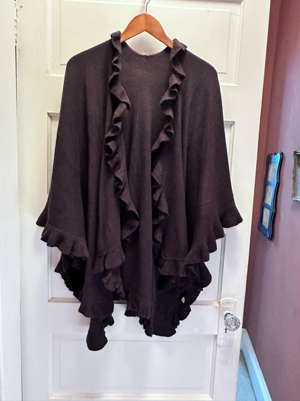 Ruffled Open Front Shawl Cardigan - Dark Brown